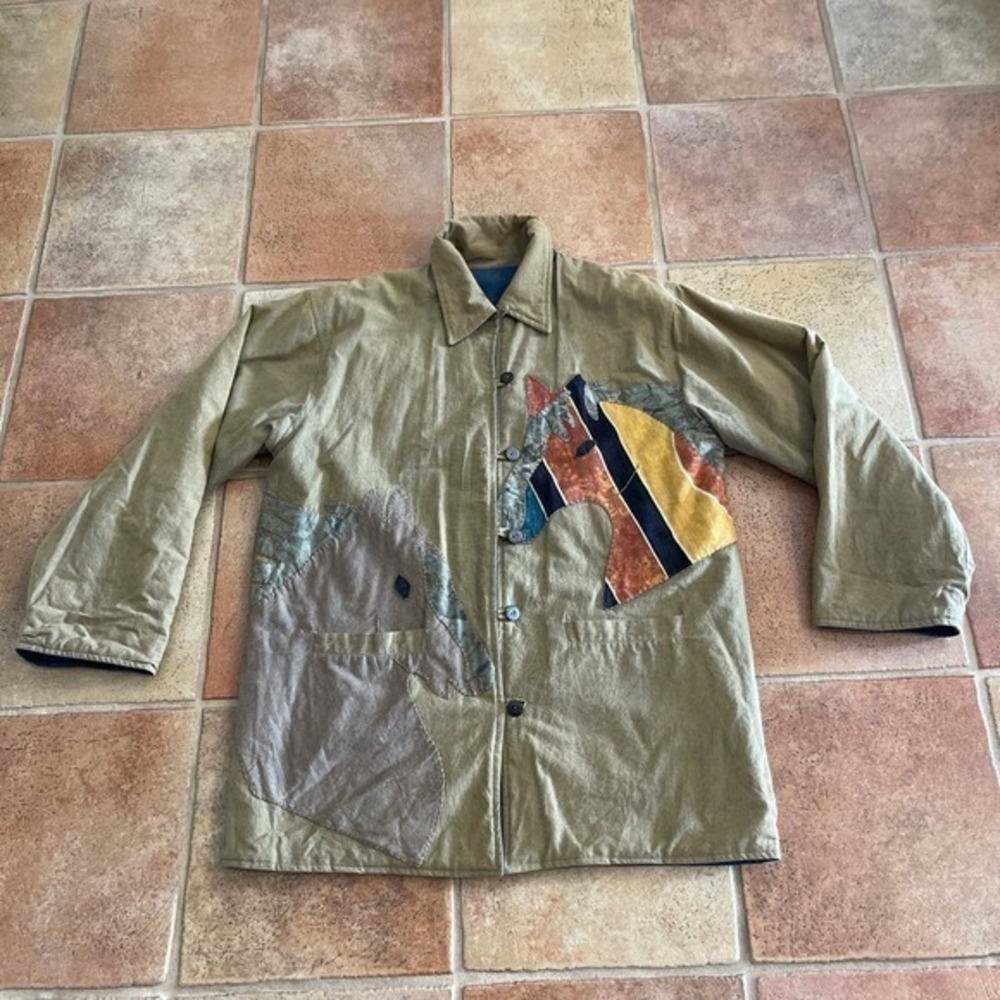 AMAZING Handmade reversible embroidered Horses quilted cotton Chambray Jacket